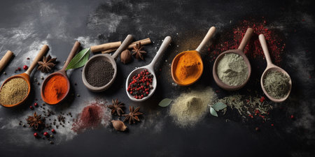 Spices and herbs on black background. Food and cuisine ingredients.の素材