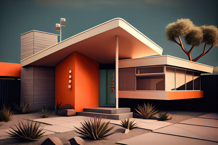 3D rendering of a modern house with red and orange walls.の素材