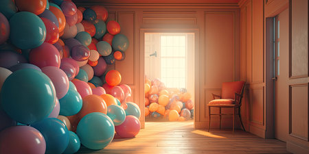 Interior of room with colorful balloons and chair. 3D renderingの素材