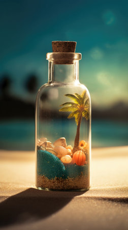 Tropical beach with palm tree and seashells in glass bottleの素材
