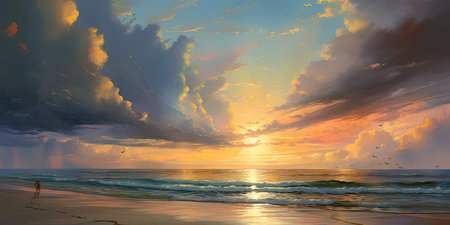 Fantasy seascape. Sunset over the sea. 3D illustrationの素材