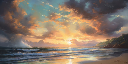 Beautiful seascape at sunset. 3d render illustration.の素材