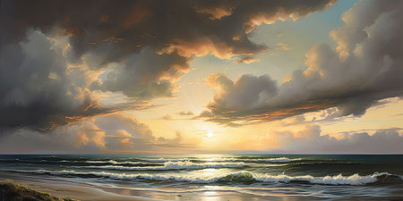 Dramatic stormy sky over the sea at sunset. 3d renderの素材