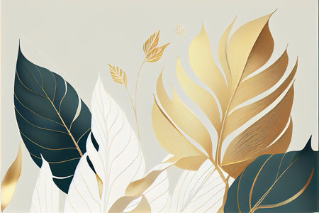Abstract floral background with golden leaves. Vector illustration in minimal style.の素材