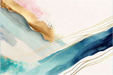 Abstract watercolor background with golden lines. Hand-drawn illustration.の素材