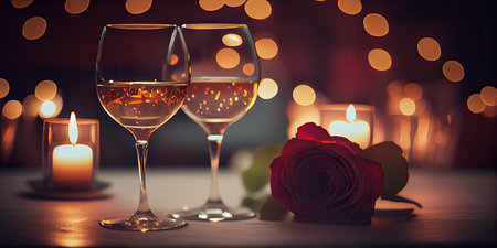 Valentines day background with rose, candles and glasses of wineの素材