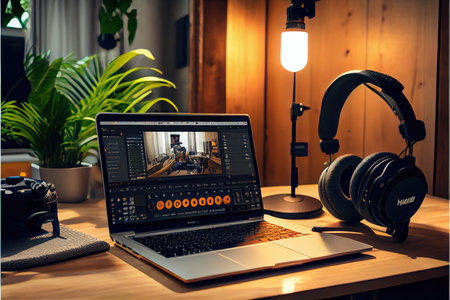Laptop and headphones on a wooden table in a room with a green plantの素材