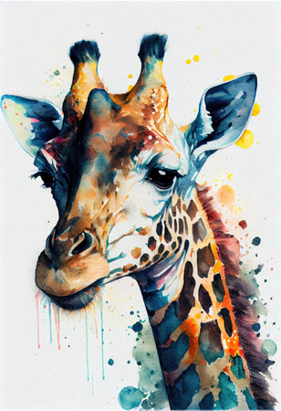Giraffe watercolor painting on white background. Hand drawn illustrationの素材