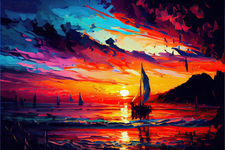 Sailing boat in the sea at sunset. Illustration of a sailboat at sunset.の素材