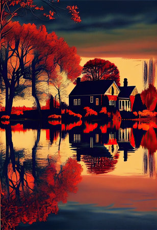 Beautiful autumn landscape with lake and old house on the shore.の素材