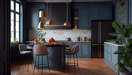 3d render of modern kitchen interior design with dark blue tones.の素材