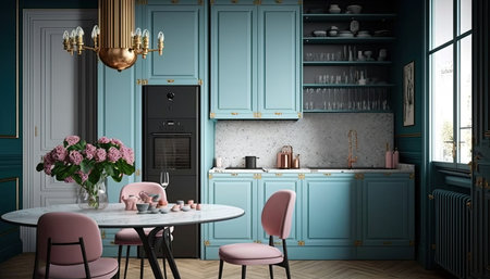 Classic blue kitchen interior with baroque furniture. 3d renderの素材