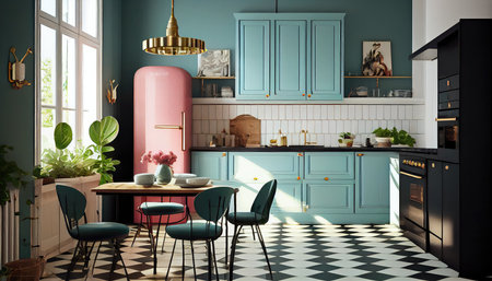 Kitchen interior design with blue and green color. 3d renderの素材