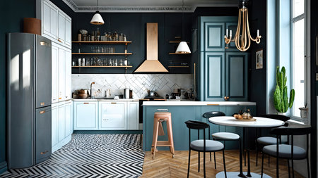 3d render of a classic kitchen in a classic style with blue wallsの素材