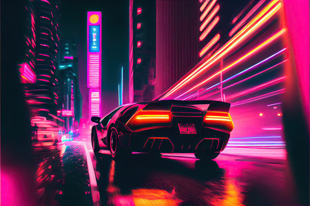 Futuristic car on the road with neon lights. 3d renderingの素材