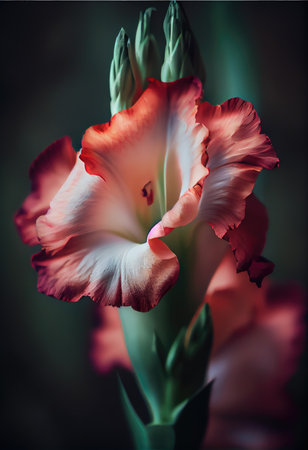 Beautiful gladiolus flower on dark background. Selective focus. Toned.の素材