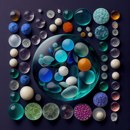 3d render of glass balls with multicolored stones on dark backgroundの素材