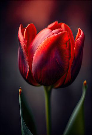 Red tulip on dark background. Toned image. Close up.の素材