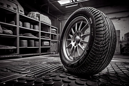 Car wheel in a car repair shop. Black and white photo.の素材