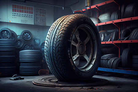 Car tires in a car repair shop. Auto service industry. 3d renderingの素材