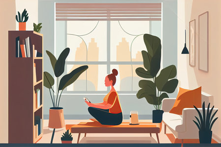 Woman sitting on sofa and using tablet in living room. Vector illustrationの素材