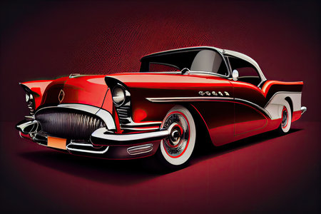 Vintage American car on a dark red background. 3d renderingの素材