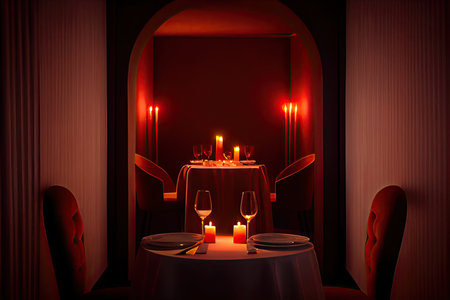Restaurant table with candles in red light. 3D renderingの素材