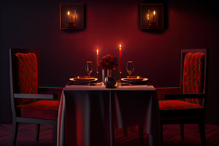 Interior of a restaurant with red walls, table and chairs, 3d renderの素材
