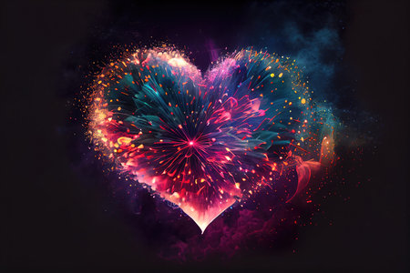 Colorful fireworks in the shape of a heart on a black backgroundの素材