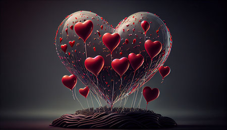 Heart shaped balloons on dark background. Valentines day concept. 3D Renderingの素材