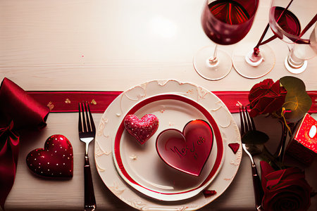 Valentine's day table setting with red hearts, wine glasses and cutlery.の素材
