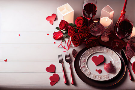Valentine's day table setting with red roses, candles and cutleryの素材