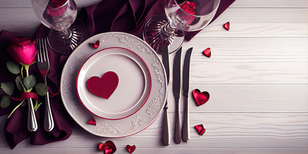 Valentine's day table setting with red rose and cutlery on white wooden backgroundの素材