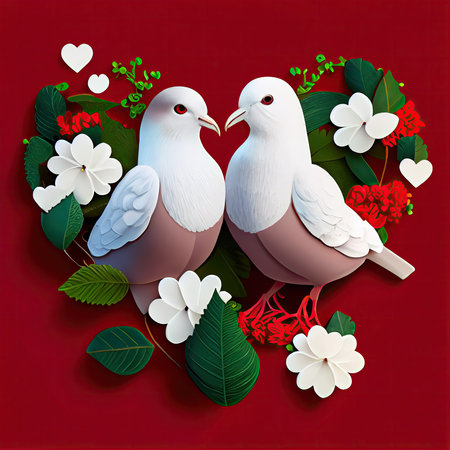 Valentine's day background with white doves, flowers and leavesの素材