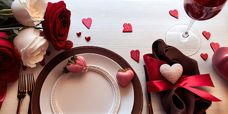 Valentine's Day table setting with roses, cutlery, wine glasses and hearts on wooden backgroundの素材