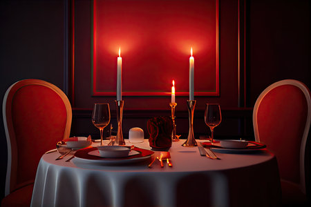 Elegant table setting with candles in red interior. 3D renderingの素材