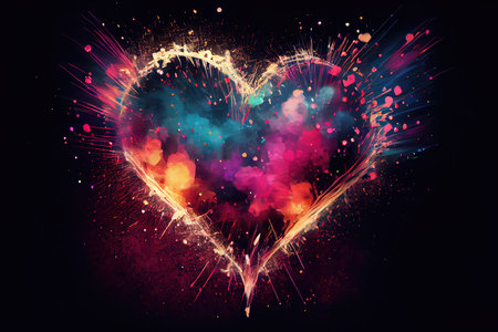 Colorful fireworks in shape of heart on black background. Symbol of loveの素材