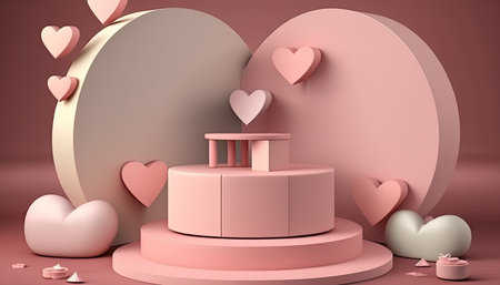 Valentine's Day background with pink podium and hearts, 3d renderの素材