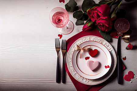 Valentine's day table setting with red roses, hearts and cutleryの素材