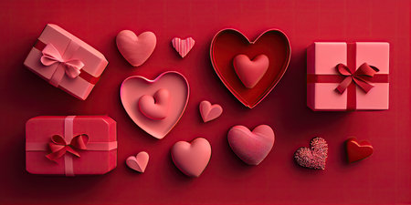 Valentine's day background with hearts and gift boxes. 3d renderingの素材