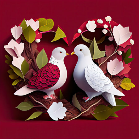 Valentine's day greeting card with two pigeons and flowersの素材