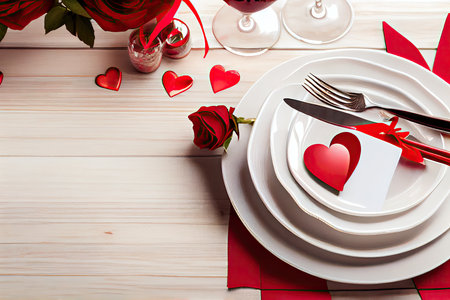 Valentine's day table setting with red roses and cutleryの素材