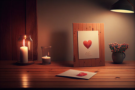 Valentine's day greeting card on a wooden table. 3d renderingの素材