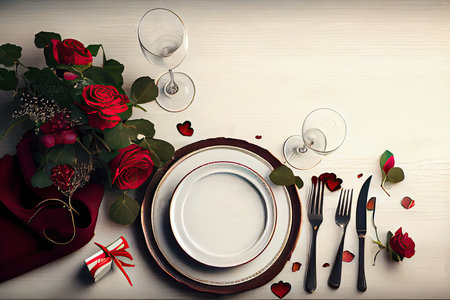 Valentine's day table setting with red roses and cutlery on wooden backgroundの素材