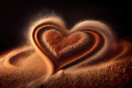 Heart of cocoa powder on a dark background. Valentine's Day.の素材