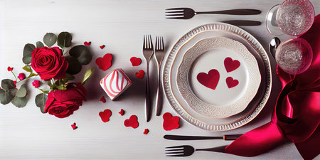 Valentine's day table setting with red roses, cutlery and heartsの素材