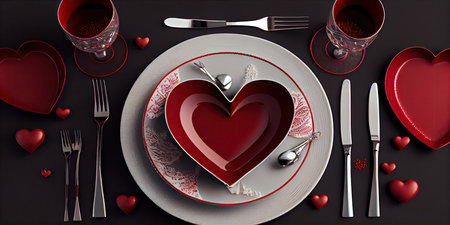 Valentine's Day table setting with red hearts and cutleryの素材