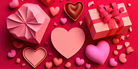 Valentine's day background with gift boxes and hearts. 3d renderingの素材
