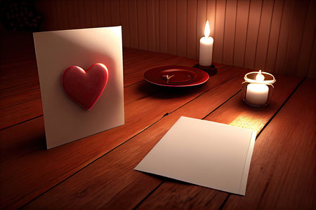 Valentine's Day background with red heart and candles on wooden tableの素材