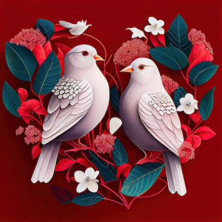 Happy Valentine's Day. Greeting card with white doves on red backgroundの素材